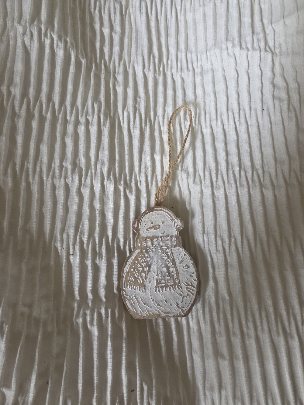White Wooden Snowman Ornament with Twine Loop